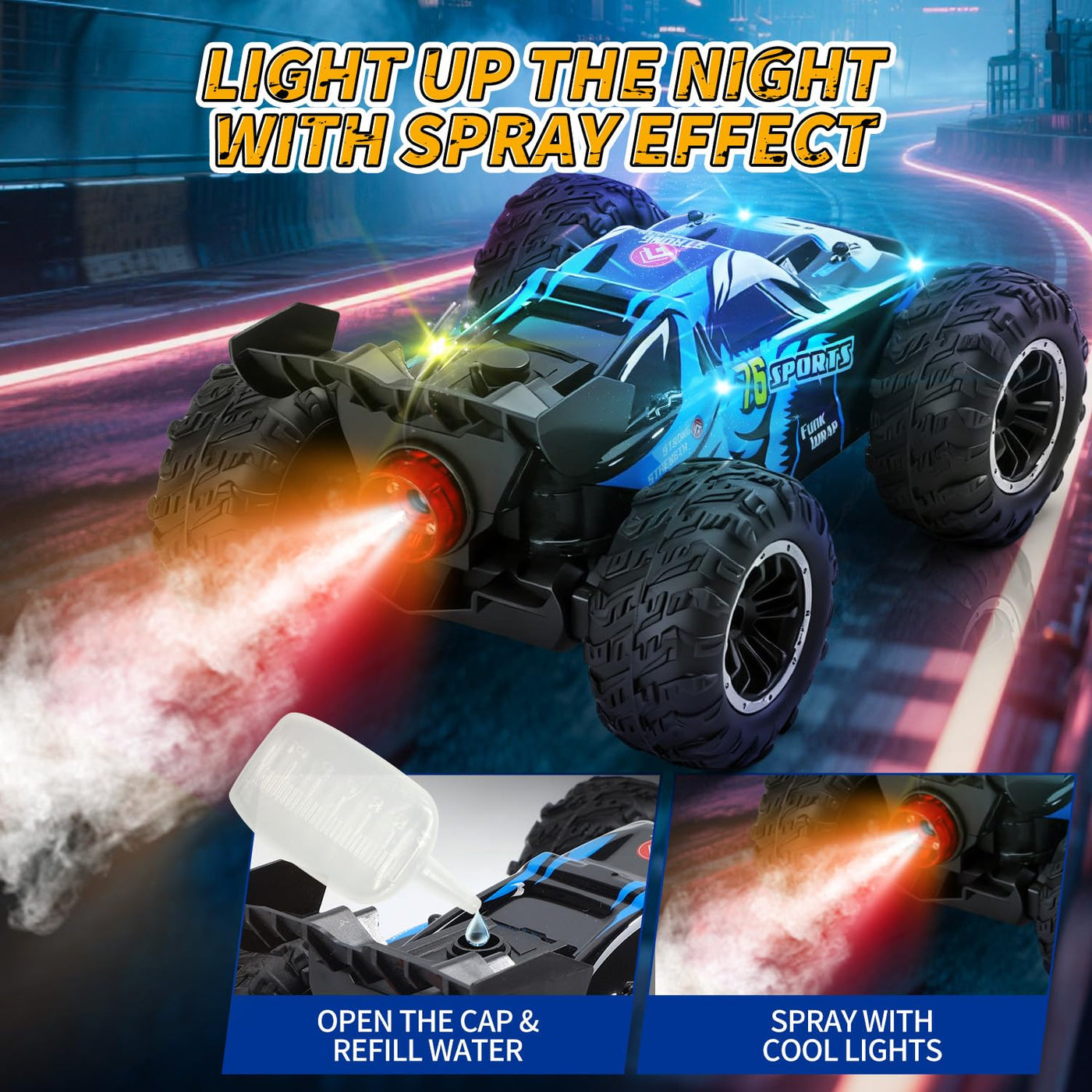 DEERC 1:16 4WD RC Auto mit Musik, LED Licht & Sprühfunktion, 2.4GHz Ferngesteuertes Auto mit Dual-Akku 40 Min Spielzeit, Offroad Fahrzeug mit One-Click-Demo, Geschenk für Kinder Jungen 5–12 Jahre