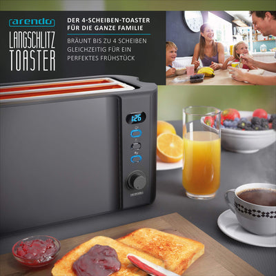 Arendo - Edelstahl Toaster Langschlitz 4 Scheiben, Defrost, wärmeisolierendes Gehäuse, mit integriertem Brötchenaufsatz, 1500W, Krümelschublade, Display, Cool Grey
