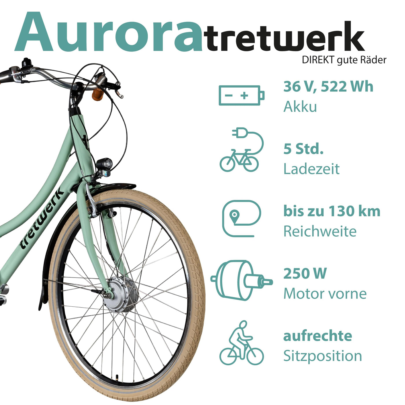 Tretwerk Aurora E Bike 28 Zoll Pedelec Damen Herren 155-185 cm Elektrofahrrad 522 Wh E Fahrrad Damenfahrrad 7 Gang (hellgrün, 50 cm)