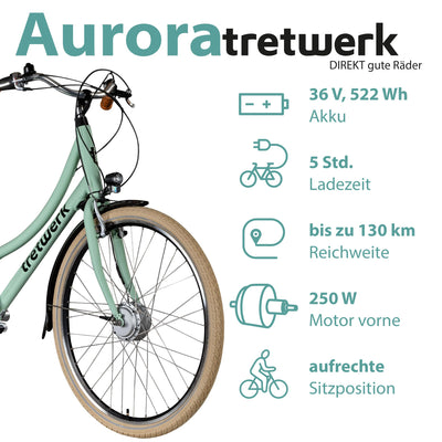 Tretwerk Aurora E Bike 28 Zoll Pedelec Damen Herren 155-185 cm Elektrofahrrad 522 Wh E Fahrrad Damenfahrrad 7 Gang (hellgrün, 50 cm)