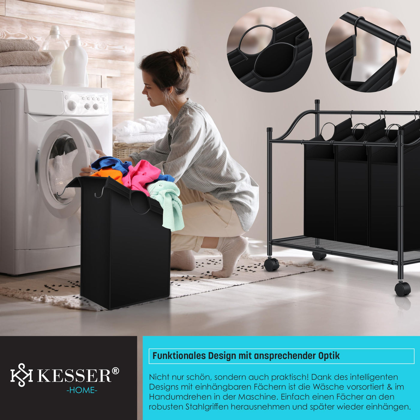 KESSER® Wäschekorb Wäschesammler Wäschesortierer mit 4 abnehmbaren Stofftaschen | 4 Fächer x 35 Liter | Wäschebox mit 12 Waschhinweisen 360° Rollen mit Bremse Wäsche-Sortiersystem Wäschewagen Schwarz