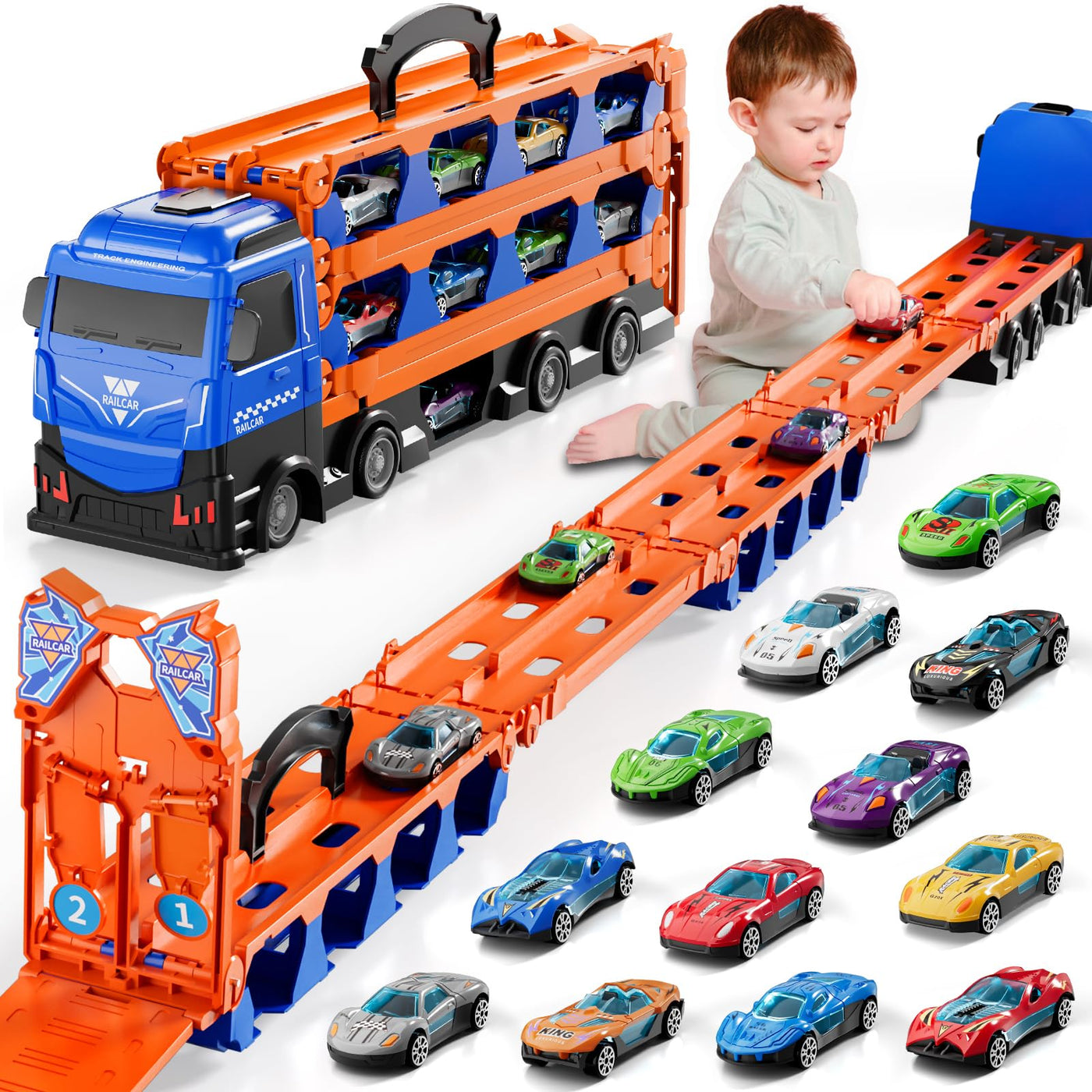 Doloowee Transport Truck Spielzeug ab 3 Jahren,Tragbare Transport LKW Spielzeugautos mit 12 Mini-Rennwagen, Autotransporter für Jungen im Alter von 3 4 5 6 7 Jahren