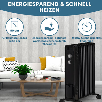 STAHLMANN Ölradiator ZR201 2500 Watt – Elektroheizung Energiesparend bis 50 qm Fläche – Heizung Elektrisch mit Thermostat und 3 Heizstufen – Elektrisches Heizgerät, Electric Heater Schwarz