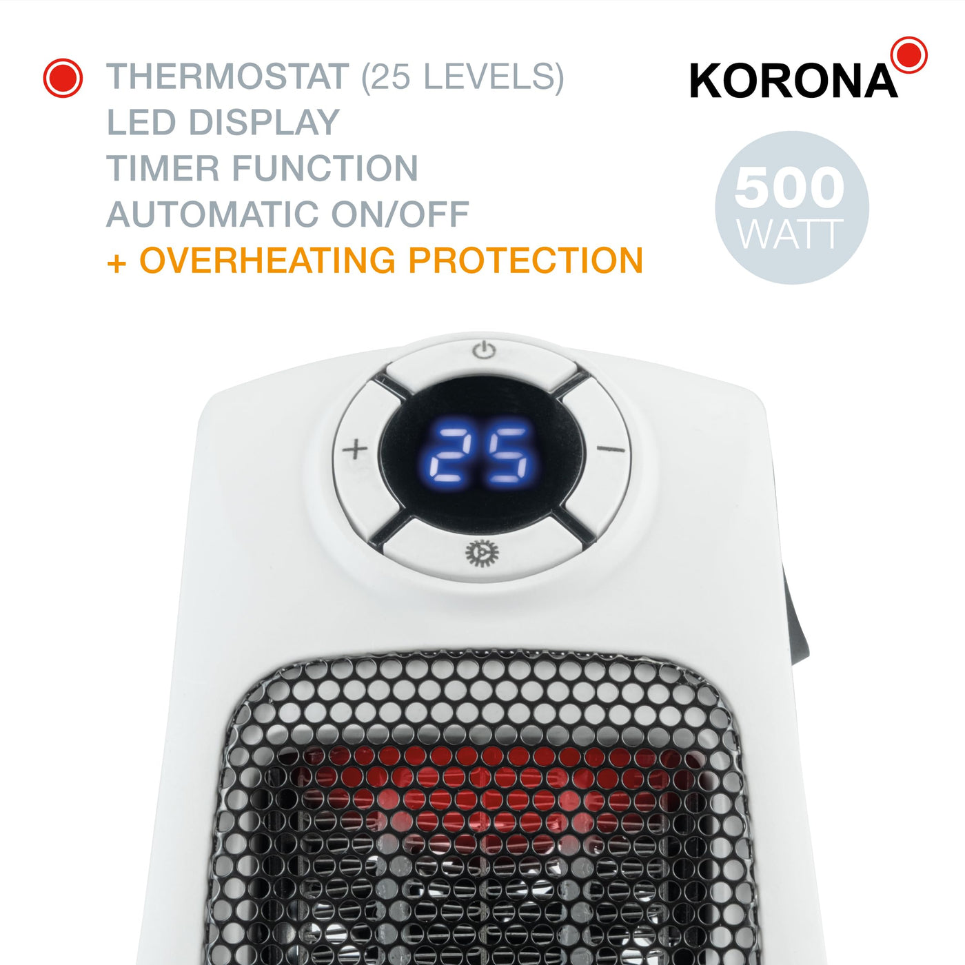 Korona 60010 Steckdosenheizer mit Frostwächter Funktion | 600 Watt | Digitales Display | Einstellbare Temperatur | Ideal für schnelle, punktgenaue Wärme in Räumen mit 10-20 m²