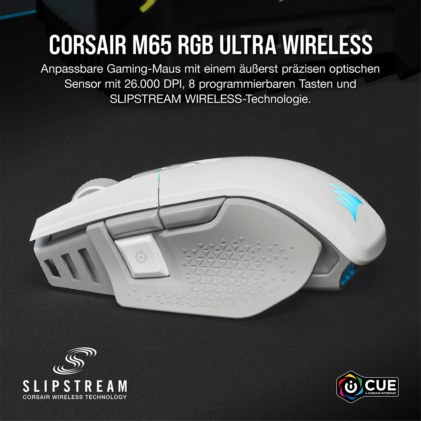 CORSAIR M65 RGB ULTRA WIRELESS Tunable FPS Gaming Mouse - 26.000 DPI - Sub-1ms Wireless - Gewichtssystem - Bis zu 120 Std. Akku - iCUE Kompatibel - PC, Mac, PS5, PS4, Xbox - Weiß