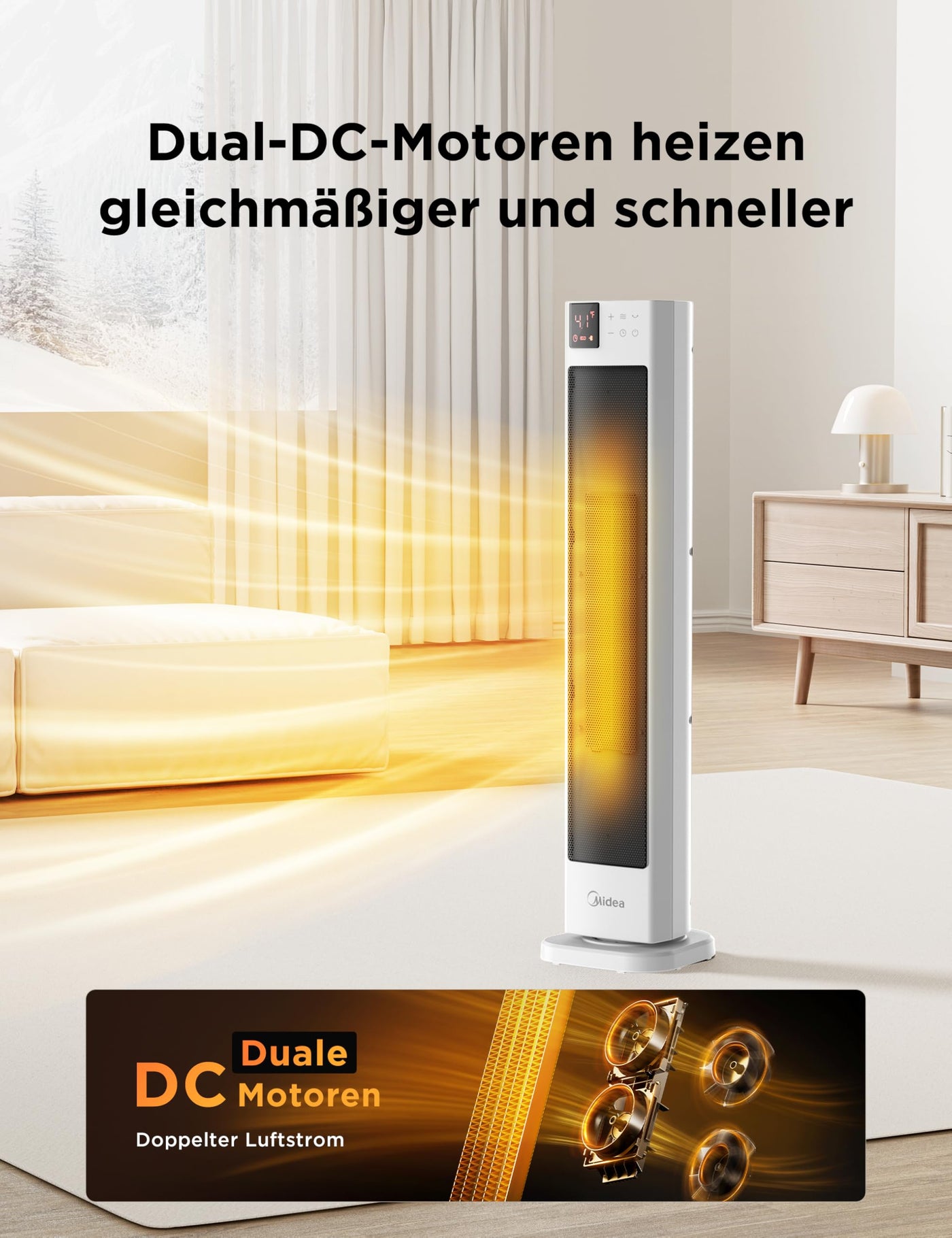 Midea NTH20-22GR(WH) Energy-Saving Quiet Fan Heater with Remote Control, PTC 2000 Watt Ceramic Fan Heater with Thermostat, 2 Heat Settings, 24H Timer, Eco Mode, for Large Rooms, 75° Oscillation, 76.5