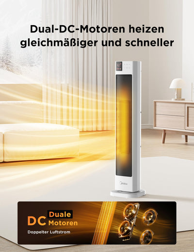 Midea NTH20-22GR(WH) Energy-Saving Quiet Fan Heater with Remote Control, PTC 2000 Watt Ceramic Fan Heater with Thermostat, 2 Heat Settings, 24H Timer, Eco Mode, for Large Rooms, 75° Oscillation, 76.5
