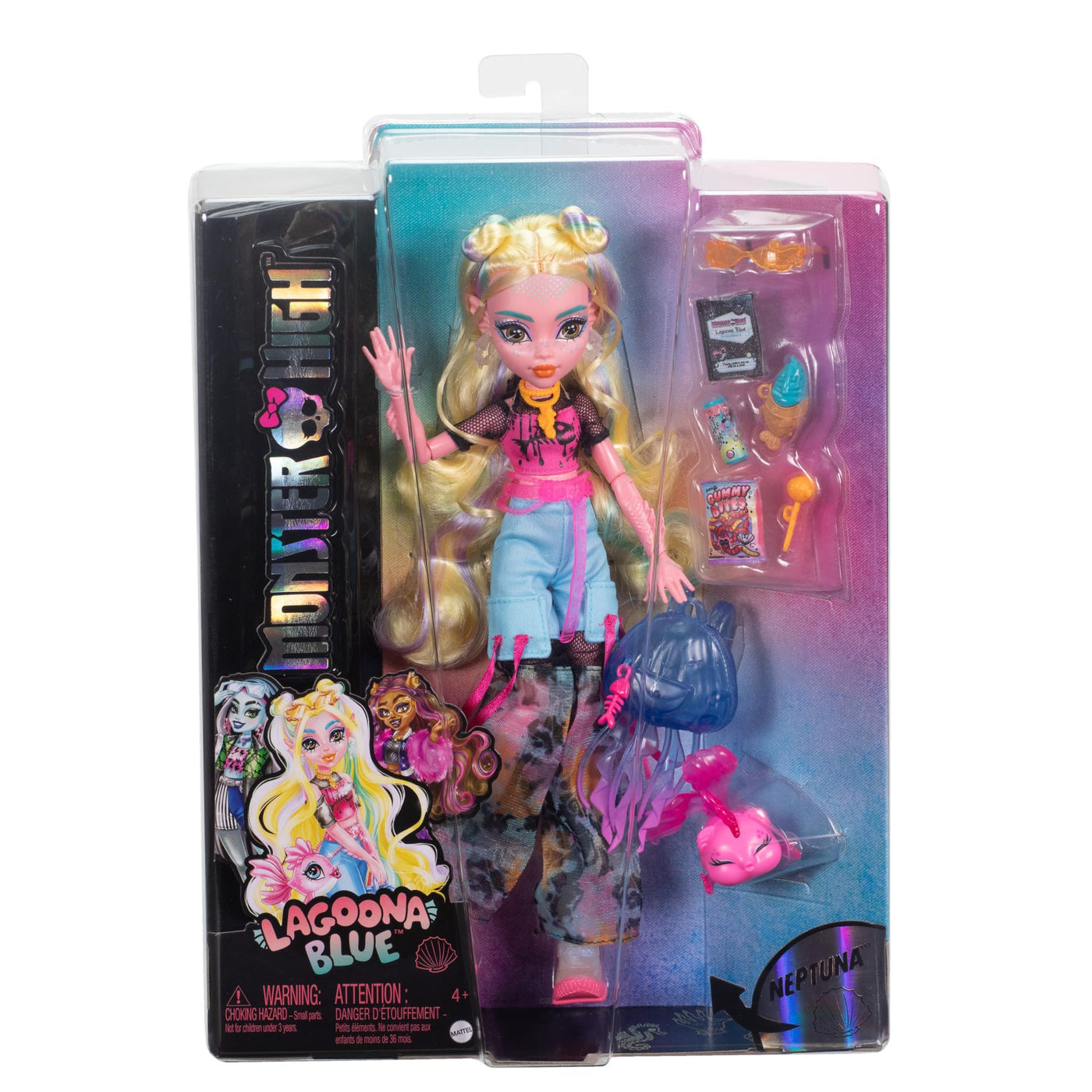 Monster High Lagoona Blue Puppe in Mesh-T-Shirt und Cargohose mit Haustierfisch Neptuna und Accessoires wie Rucksack, Snack und Notizbuch, HXH75
