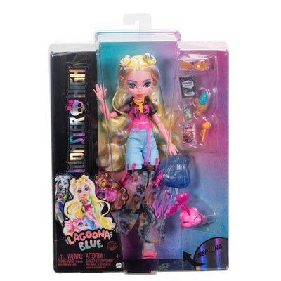 Monster High Lagoona Blue Puppe in Mesh-T-Shirt und Cargohose mit Haustierfisch Neptuna und Accessoires wie Rucksack, Snack und Notizbuch, HXH75