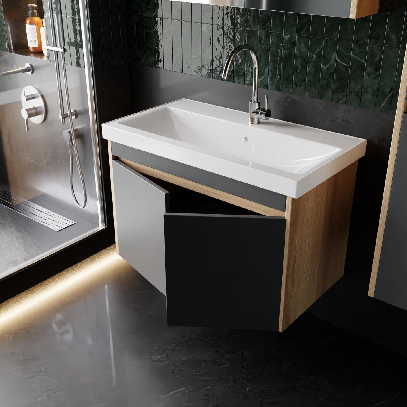 Komplettprogramme Badezimmermöbel Set Dallas 80 cm | Keramikwaschbecken | Spiegelschrank | Unterschrank | Hochschrank | Waschbeckenunterschrank Waschbeckenschrank Badezimmerschrank Badmöbelset