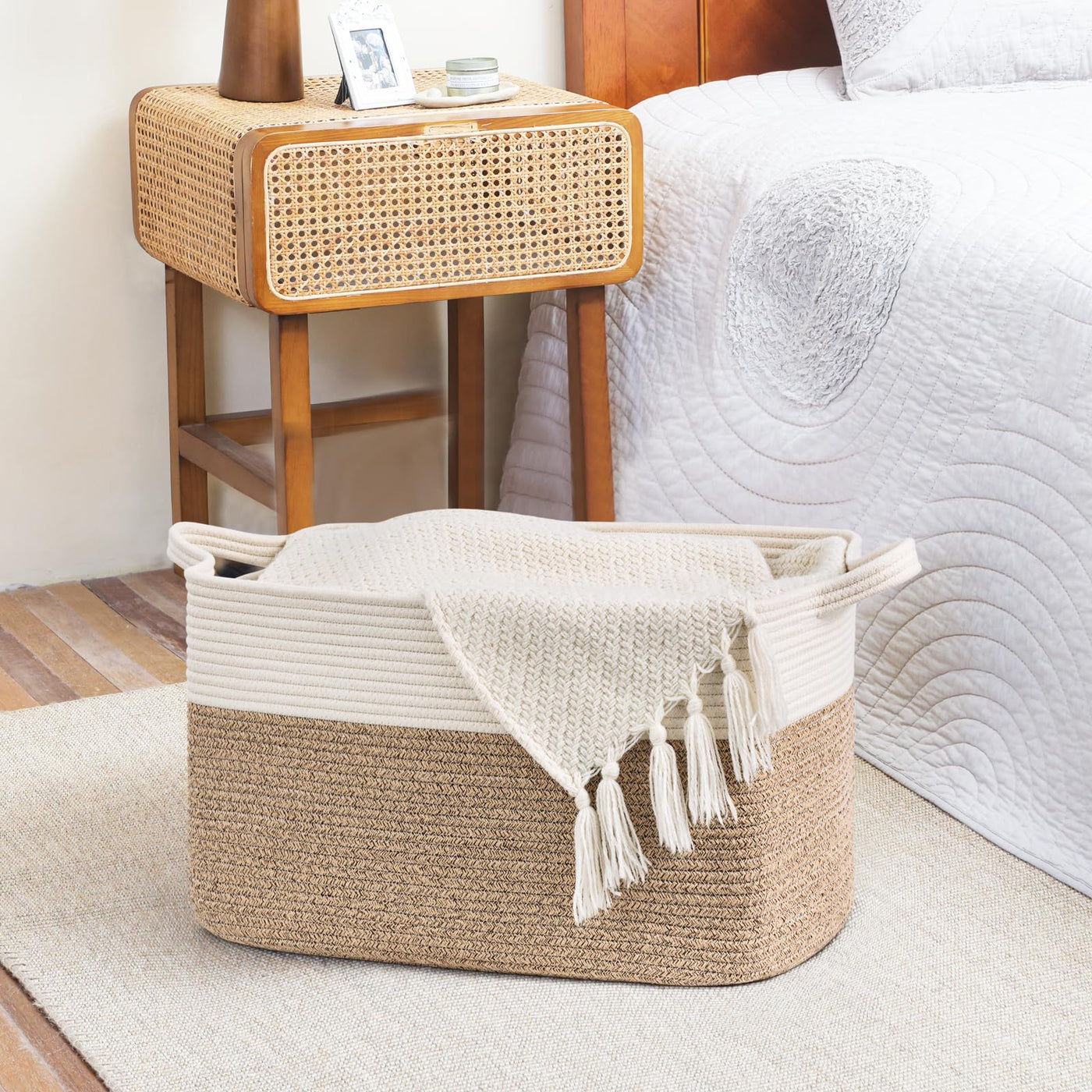 TIMEYARD Wäschekorb, Korb Aufbewahrung, Faltbarer Wäschekorb, Aufbewahrungskorb für Baby Spielzeug, Square Laundry Baskets, Korb Aufbewahrung für Decken, kissen, Gästehandtuchkorb, 65L, Weiß und Braun