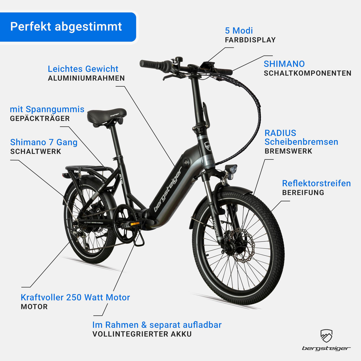 Bergsteiger London 20 Zoll E-Bike Klapprad mit 250 Watt Motor, Scheibenbremsen, Aluminium Ebike für Damen & Herren, Farbdisplay, Elektrofahrrad mit 7 Gang-Schaltung