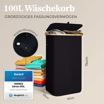 HENNEZ Wäschekorb mit Deckel – Wäschekorb mit Griff aus Bambus – Wäschekorb, faltbar, 100 l – Wäschekorb für Waschküche, Wäschekorb, Schwarz