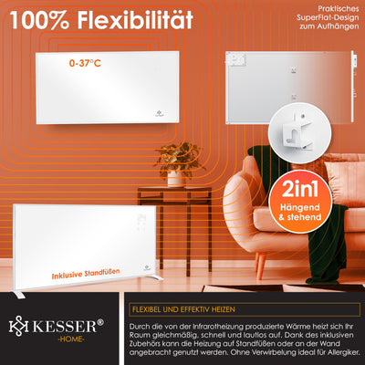 KESSER® Infrarotheizung Energiesparend Infrarot Standgerät & Wandmontage Elektroheizung 700W mit Fernbedienung Thermostat & App-Steuerung Elektrisch Heizpaneel Heizung Konvektor Standfüße