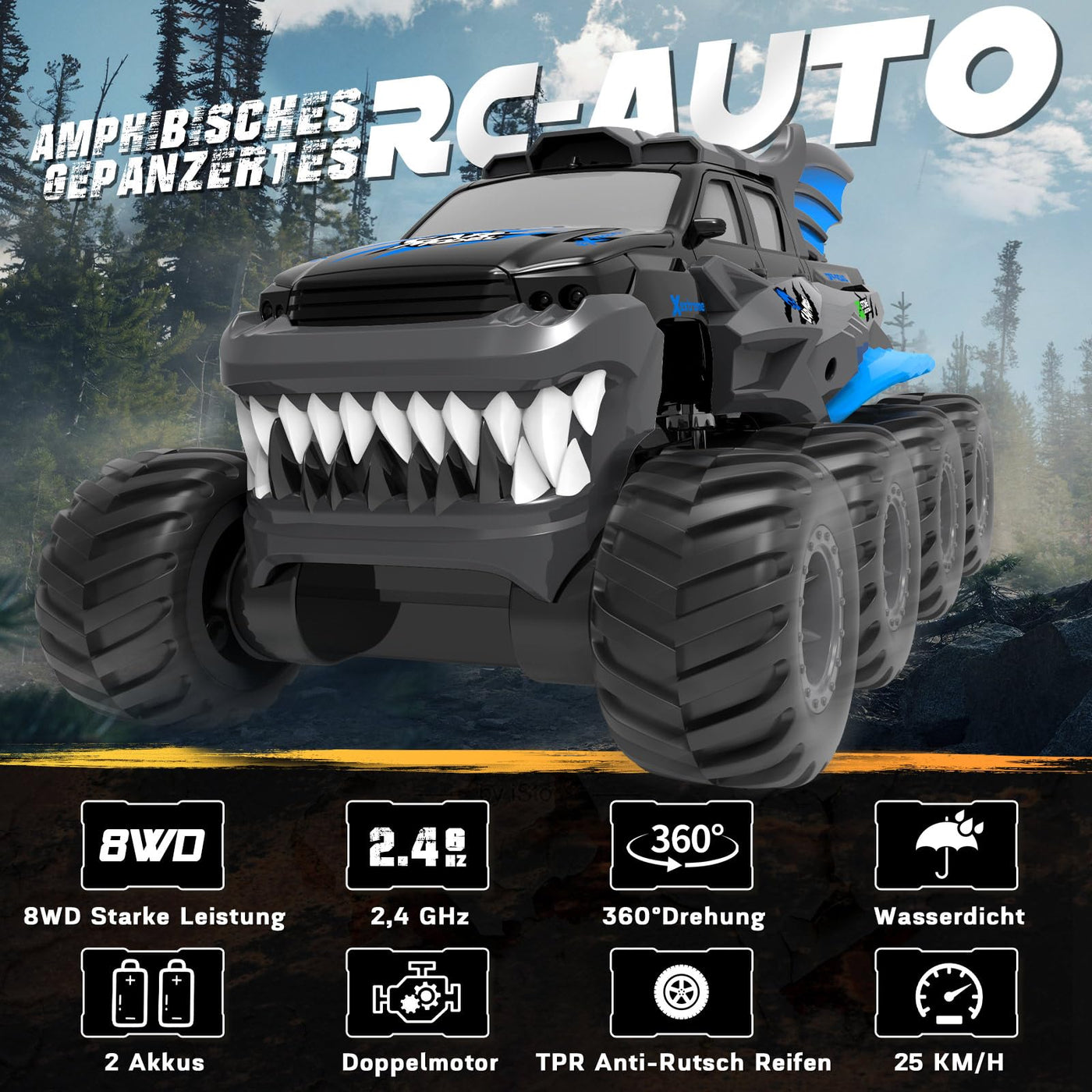 Nigecue 8WD Amphibienfahrzeug Ferngesteuertes Auto ab 3 4 5 6 7 8 9 10 Jahre, Wasserdichtes Amphibisches RC Auto mit Fernsteuerung, Spielzeug Geschenk für Kinder Jungen Mädchen