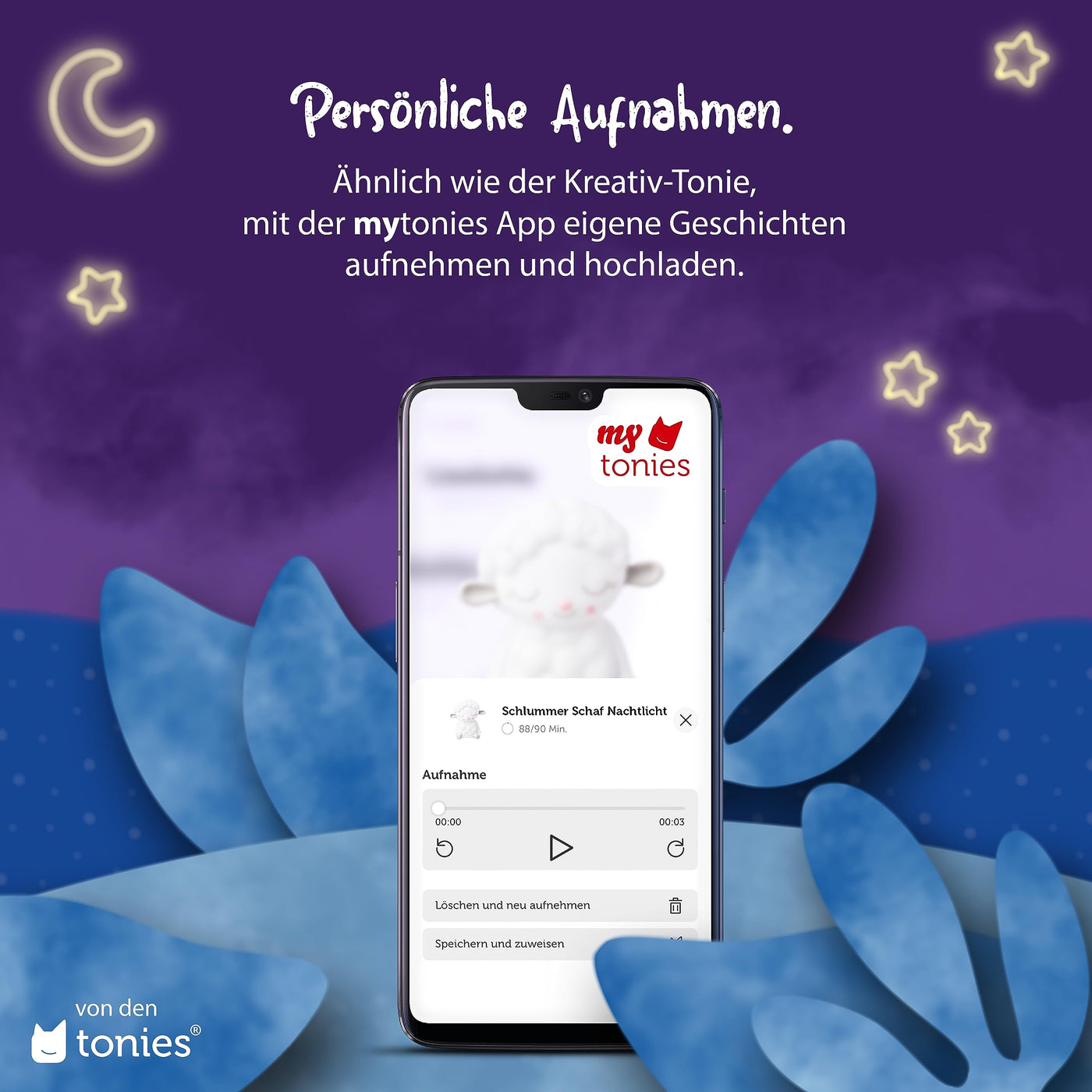 tonies Hörfiguren für Toniebox – Nachtlicht Schlummerschaf – Musik beruhigenden Klängen + Kreativ eigene Aufnahmen, für Kinder ab 3 Jahren, Laufzeit 90 Min.