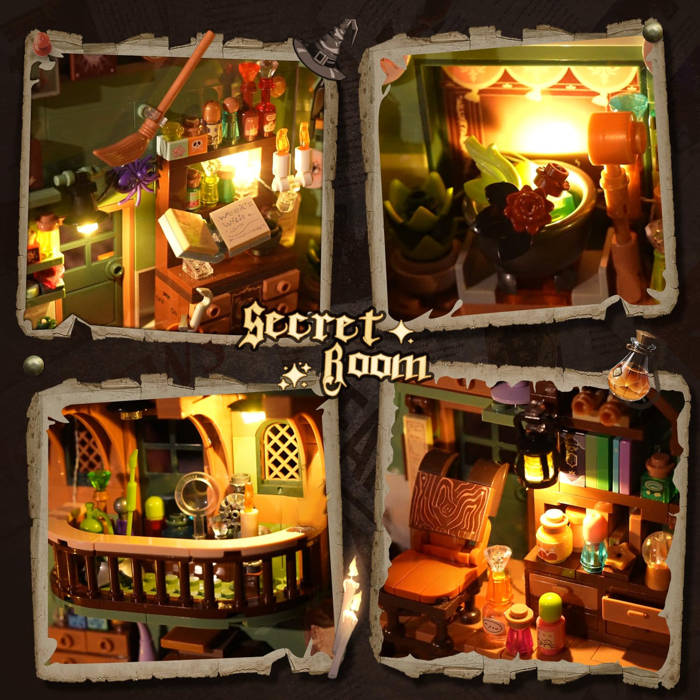 INSOON Magisches Zaubertrank Book Nook Haus Bauspielzeugset mit LED, 990 Stück Magic DIY Bookend Baustein Kit für Heimdekor, Booknook Klemmbausteine für Erwachsene Kinder Jungen Mädchen ab 10-12+