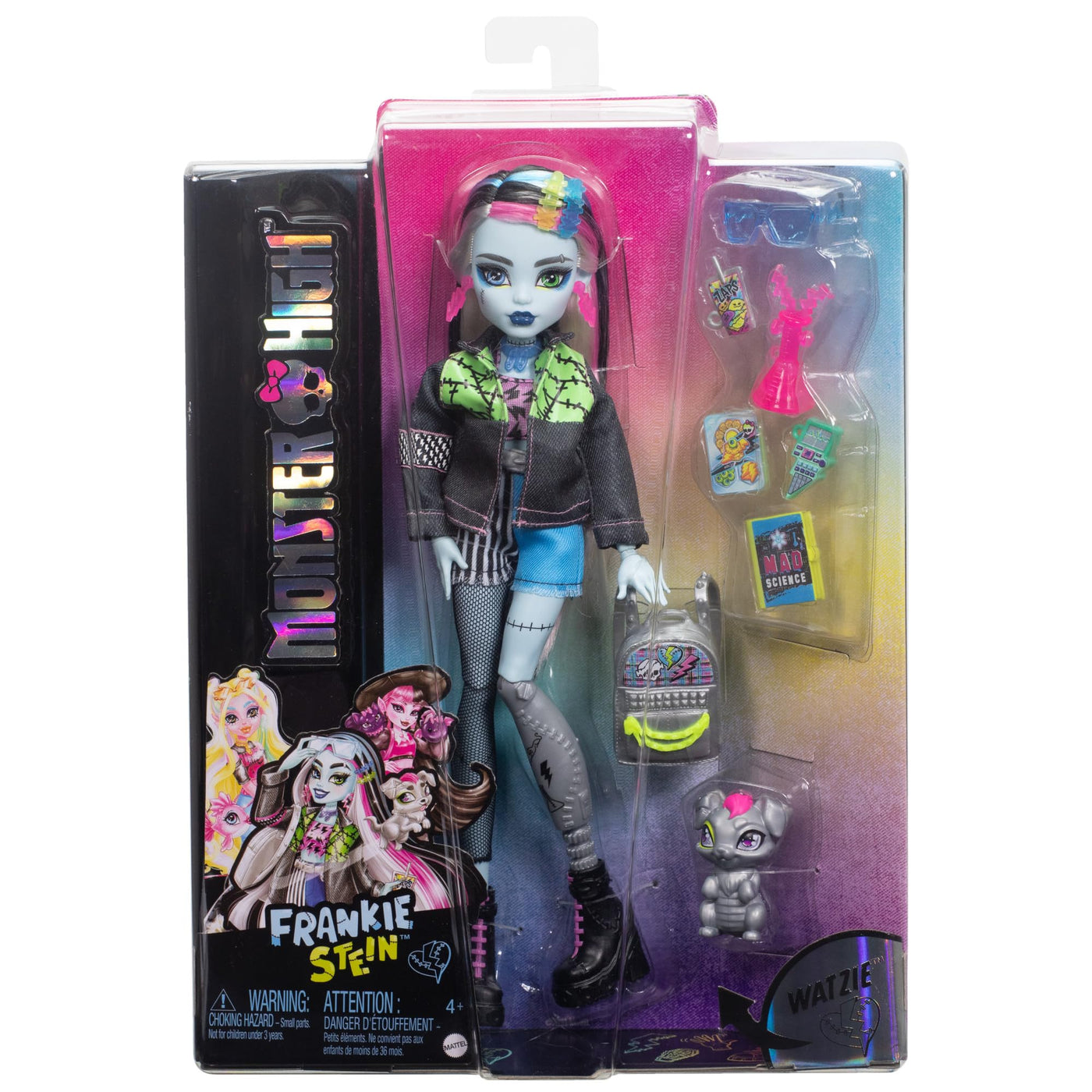 Monster High Frankie Stein-Puppe in Jeansjacke und Shorts, zum Lieferumfang gehören auch Ihr Hund Watzie und Zubehörteile wie EIN Rucksack, EIN Snack und EIN Notizbuch, HXH73