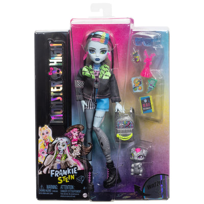 Monster High Frankie Stein-Puppe in Jeansjacke und Shorts, zum Lieferumfang gehören auch Ihr Hund Watzie und Zubehörteile wie EIN Rucksack, EIN Snack und EIN Notizbuch, HXH73