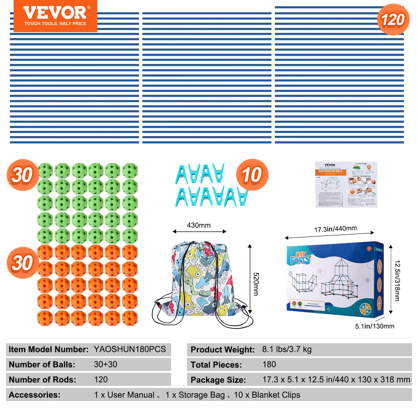 VEVOR Fort Bausatz Kinder, 180-teiliges STEM-Bauspielzeug, pädagogisches Geschenk für 4 bis 8+ Jahre alte Kinder, Spielzelt-Bauset, Konstruktionsspielzeug mit 120 Stäben und 60 Bällen