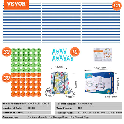 VEVOR Fort Bausatz Kinder, 180-teiliges STEM-Bauspielzeug, pädagogisches Geschenk für 4 bis 8+ Jahre alte Kinder, Spielzelt-Bauset, Konstruktionsspielzeug mit 120 Stäben und 60 Bällen