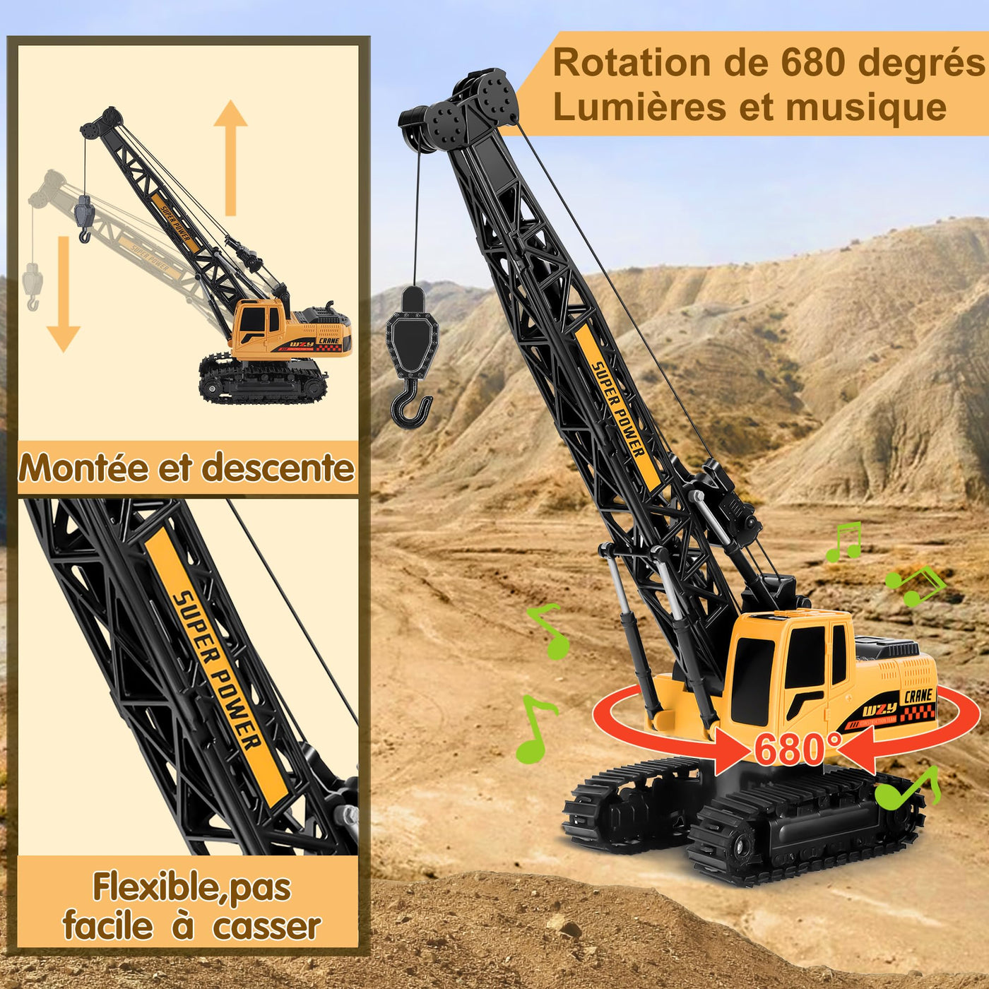 Joellfuner Kran Spielzeug, 2,4G Kran Ferngesteuert mit Lichtern und Geräuschen Realistischer, Großer RC Kranspielzeug mit 12PCS Miniaturmodelle, Geschenk für Jungen und Mädchen (Standard)