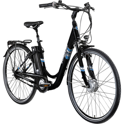 ZÜNDAPP E Bike City 28 Zoll | Elektro Fahrrad für 150-175 cm | 7 Gang Ebike Vorderrad Motor | E-Bike Elektrofahrrad mit Beleuchtung | Retro Hollandrad Green 3.7 (schwarz/blau, 48 cm)