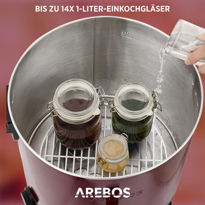 Arebos Einkochautomat 1800 W | Einkochtopf 28 L | mit Timer, Thermostat & Überhitzungsschutz | stufenlose Temperatureinstellung 30-110 °C| Zeitschaltuhr 20-120 min.| Glühweinkocher Heißgetränkeautomat
