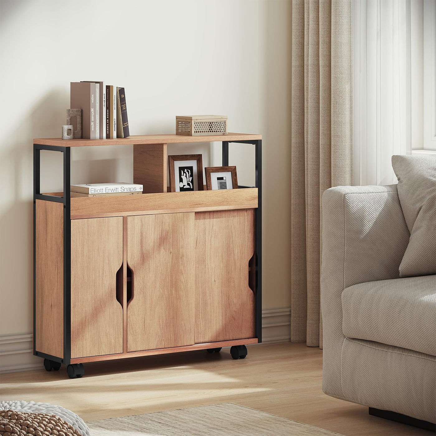 EUGAD Badezimmerschrank, Nischenschrank schmal, Badschrank mit 2 offenen Fächern, Verstellbarer Ablage, Schiebetüren, Nischenregal mit Rollen, 70x70x20 cm, schwarz helle Eiche