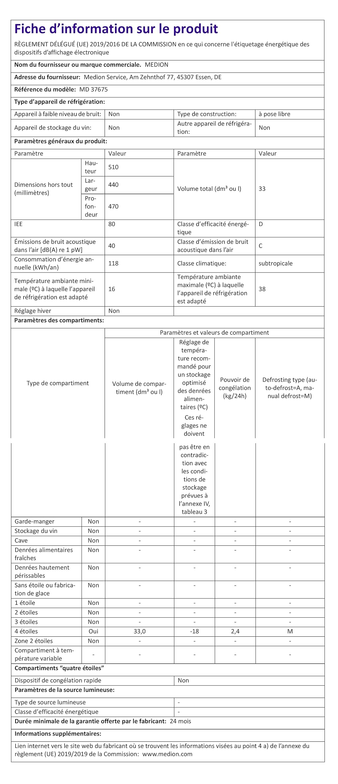 MEDION Mini Gefrierschrank (33 Liter Nutzinhalt, 51cm hoch, höhenverstellbare Füße, Griffmulde, manuelle Temperatureinstellung, Stern-Einstufung 4 Sterne, MD37675)