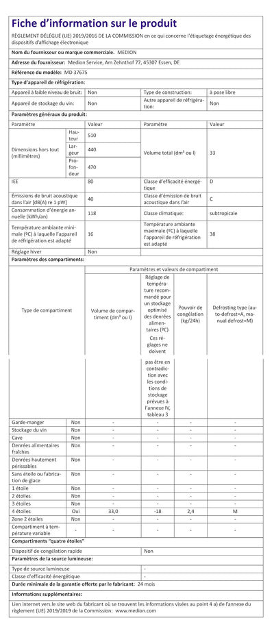 MEDION Mini Gefrierschrank (33 Liter Nutzinhalt, 51cm hoch, höhenverstellbare Füße, Griffmulde, manuelle Temperatureinstellung, Stern-Einstufung 4 Sterne, MD37675)
