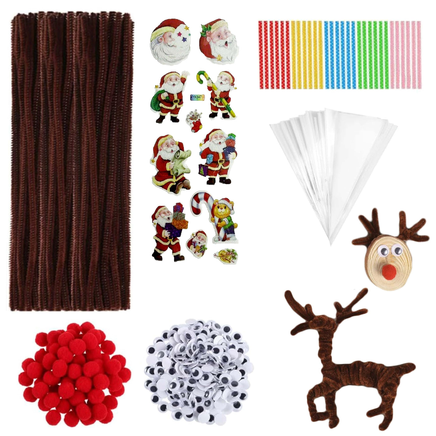 100 Stück Weihnachts Rentier Bastelset mit 100 braune Pfeifenputzer, 100 Süßigkeitentüten, 100 Bandstreifen, 100 rote Pompons, 100 Wackelaugen & Weihnachtsstickern. Ideal für DIY, Basteln & Geschenke