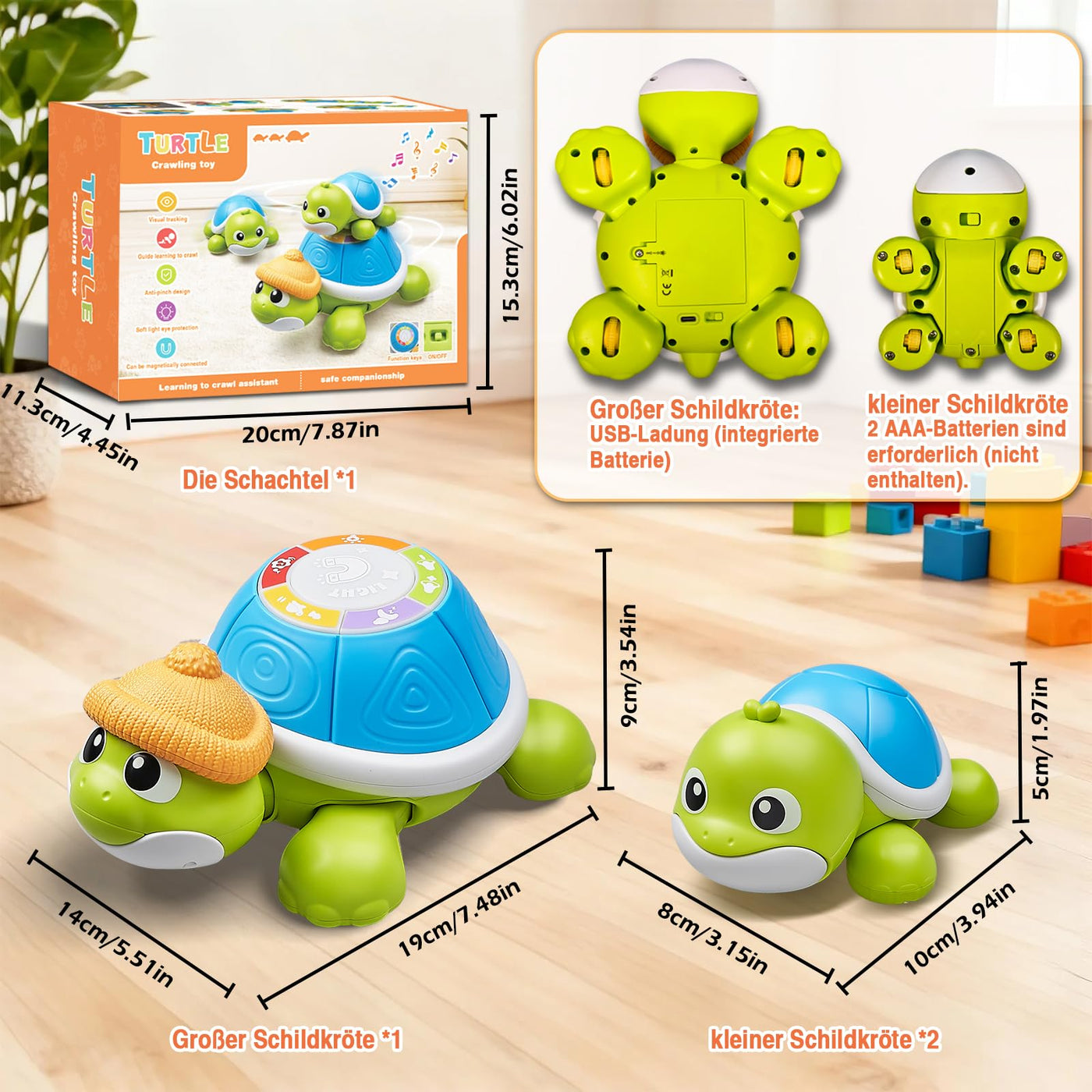 Baby Krabbel Spielzeug ab 3 6 9 Monate, 3 PCS Schildkröten Krabbelspielzeug mit Licht und Musik, Frühkindliches Lernspielzeug, Tummy Time Baby Toys, Neugeborenes Spielzeug Geschenk