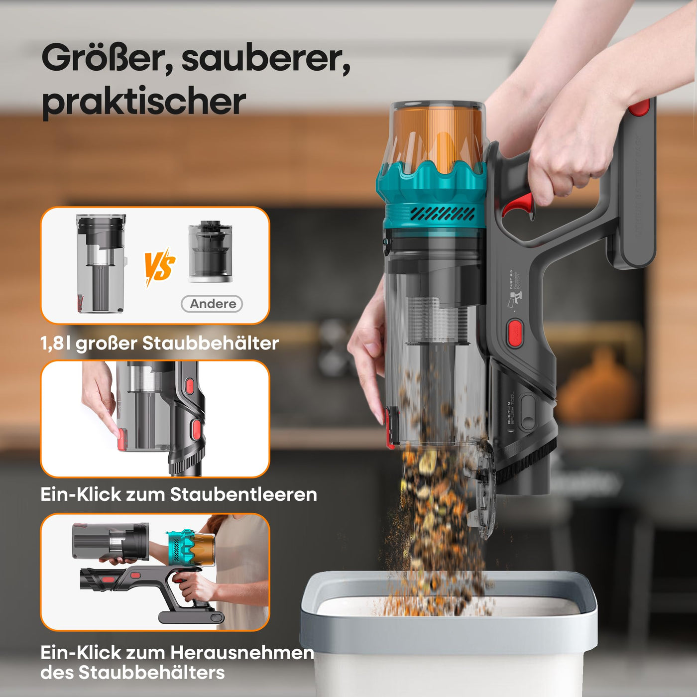 ElecKeys Akku Staubsauger 50000Pa/600W/70Min, Staubsauger Kabellos mit LED Display, 1,8L Akkustaubsauger mit Anti-Tangle-Bürste, Selbststehend für Tierhaare Teppiche Hartböden Auto, Blau, K10