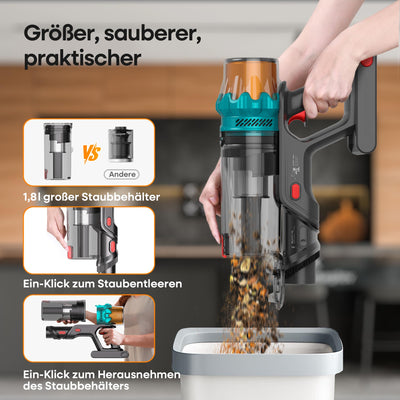 ElecKeys Akku Staubsauger 50000Pa/600W/70Min, Staubsauger Kabellos mit LED Display, 1,8L Akkustaubsauger mit Anti-Tangle-Bürste, Selbststehend für Tierhaare Teppiche Hartböden Auto, Blau, K10