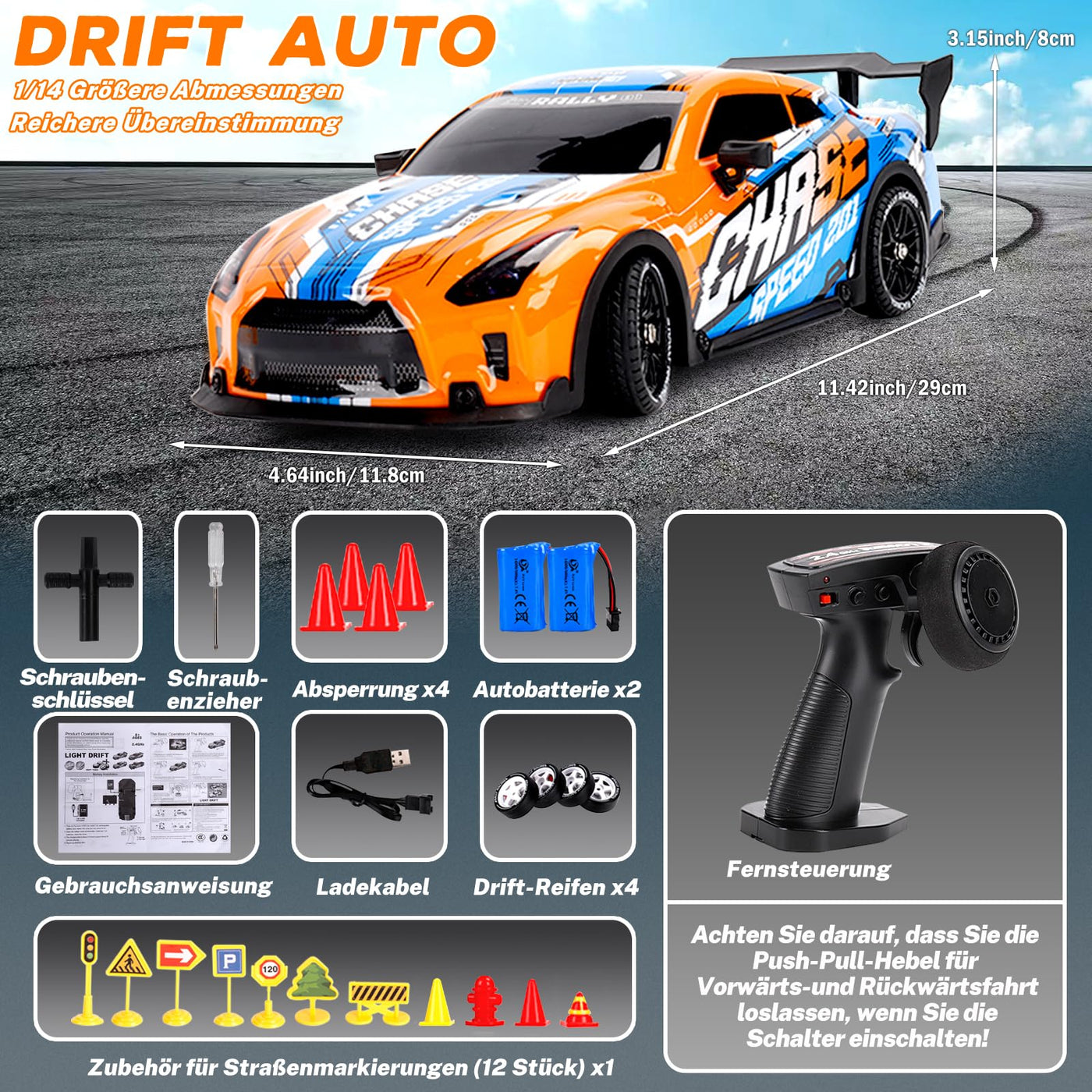 JONRRYIN Drift Ferngesteuertes Auto, 1:14 RC Drift Car, 4WD Fernbedienung Rennwagen mit Driftfunktion, LED-Leuchten, 25km/h, Spielzeugauto für Erwachsene und Kinder ab 8 Jahre älter