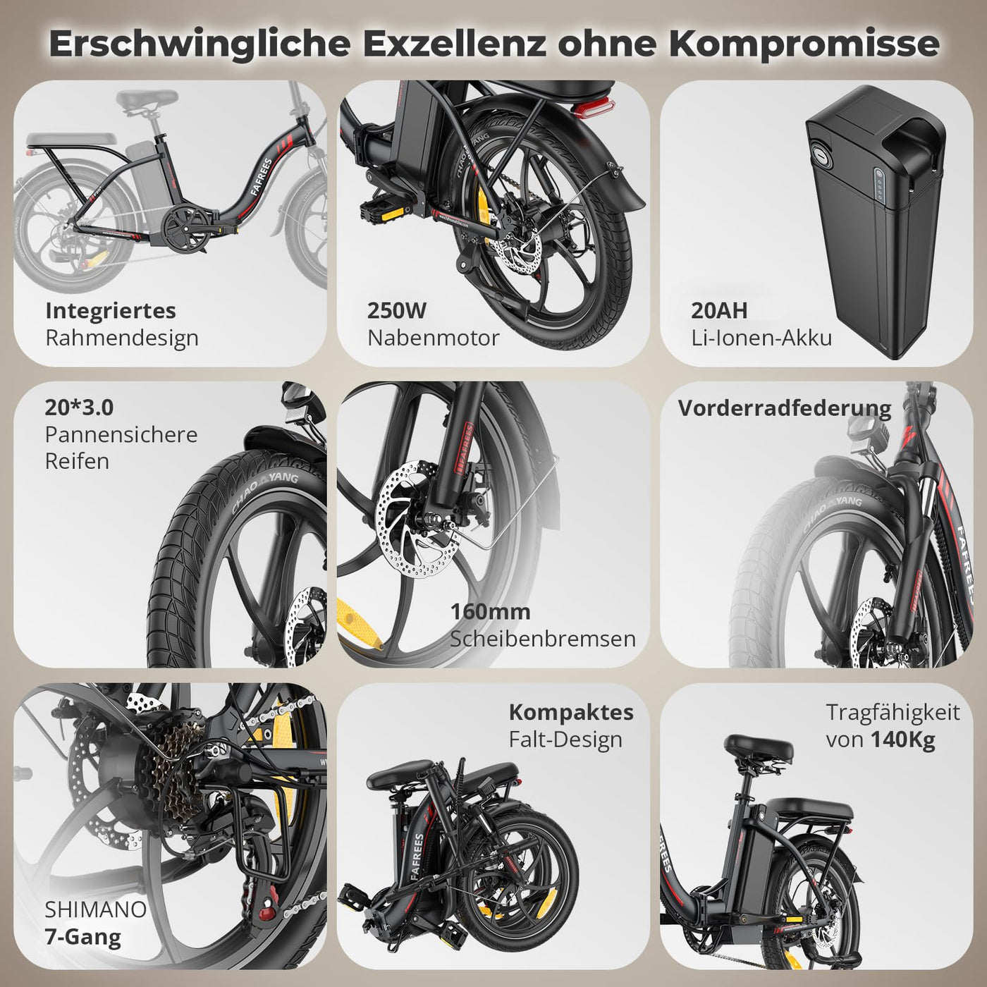 Fafrees E-Bike Klapprad 20 Zoll, Elektrofahrrad mit 36V 20AH Akku, 75-90km Reichweite, 250W Motor, IP54 & Federung, E-Bike Damen/Herren, Faltbar, LCD-Display, 3 Fahrmodi (F20+, Schwarz)