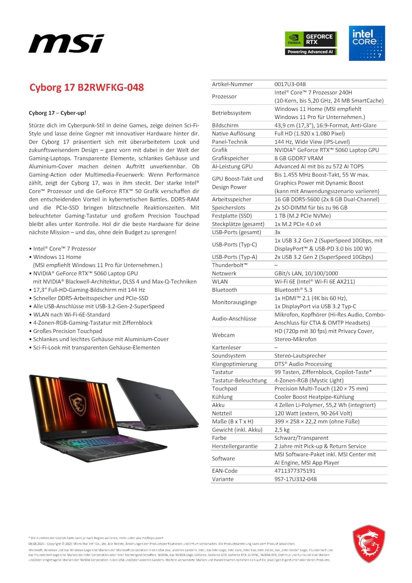 MSI Cyborg 17, Gaming-Laptop, 17,3" Full-HD 144 Hz Display, Intel Core 7 240H, NVIDIA GeForce RTX 5060, 16 GB DDR5, 1 TB SSD, Windows 11 Home, QWERTZ Tastatur, Schwarz, B2RWFKG-048