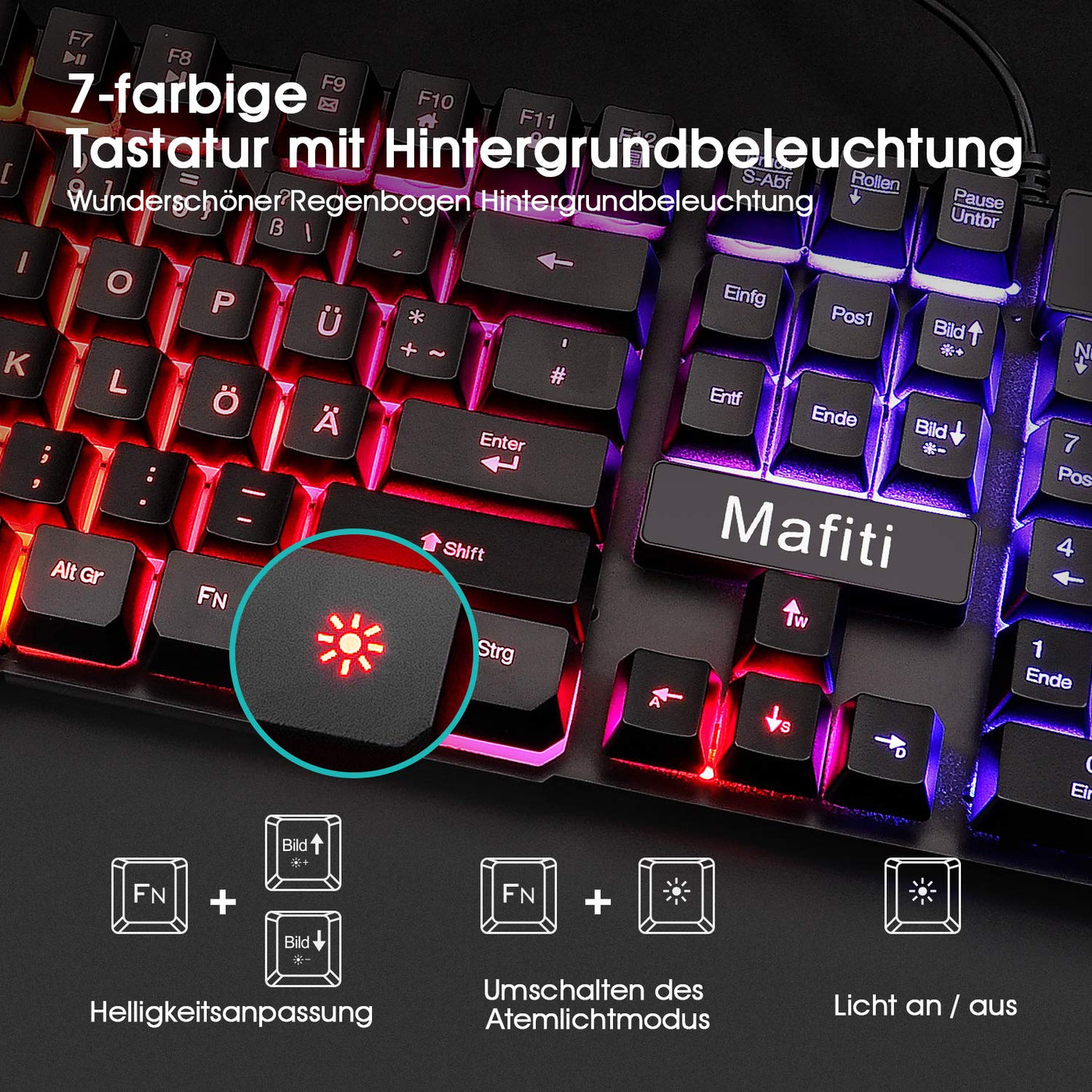 mafiti Tastatur und Maus Set, Kabelgebundenes, LED Hintergrundbeleuchtung QWERTZ (DE-Layout), Regenbogen Farben Beleuchtetung für Gaming und Büro