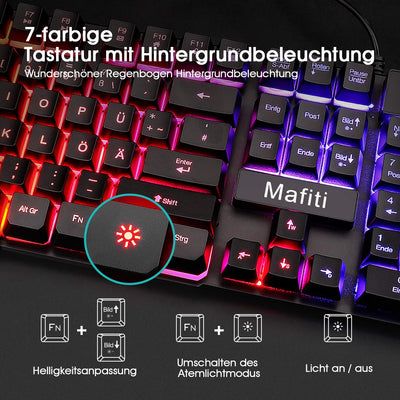 mafiti Tastatur und Maus Set, Kabelgebundenes, LED Hintergrundbeleuchtung QWERTZ (DE-Layout), Regenbogen Farben Beleuchtetung für Gaming und Büro