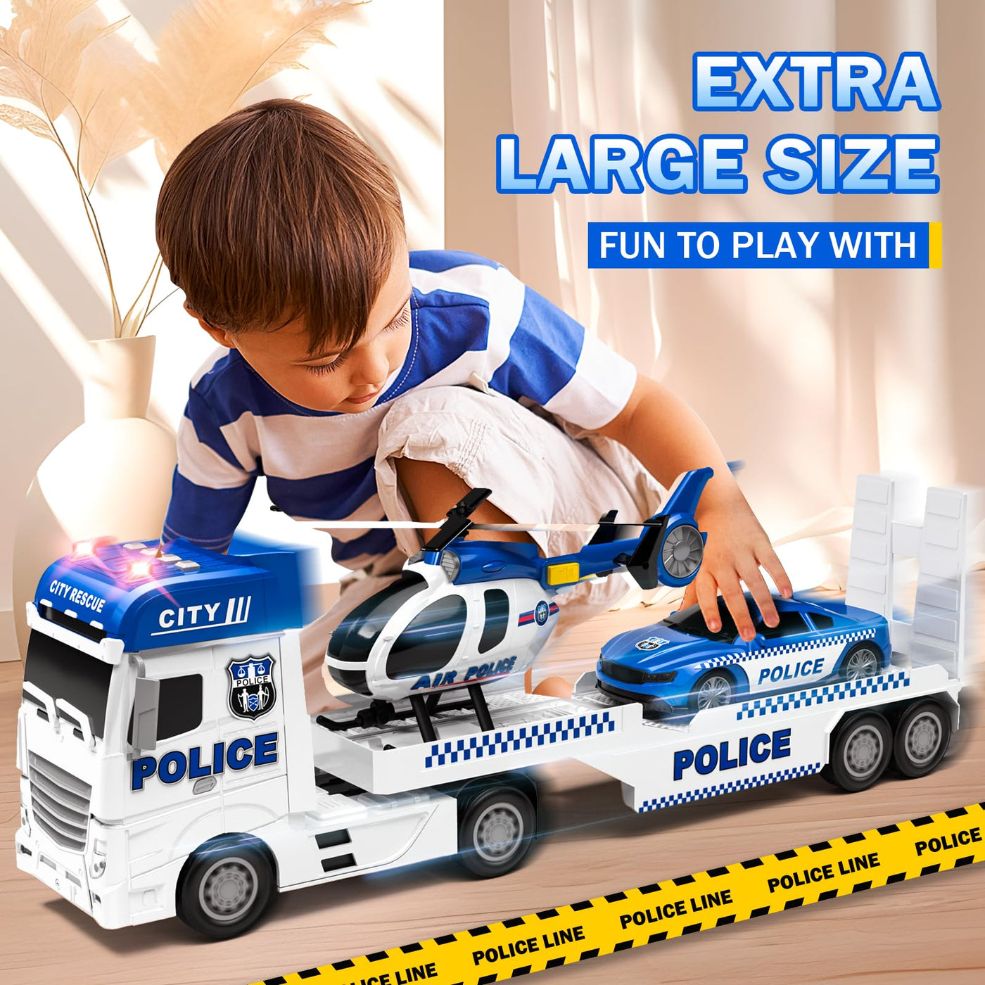 Tacobear Polizei Lastwagen Spielzeug Geschenke ab 2 3 4 5 Junge groß LKW Spielzeug & Hubschrauber Polizeiauto Abnehmbar Anhänger, Reibungsbetrieb Autotransporter Spielzeug Geschenkideen Kinder Jungen