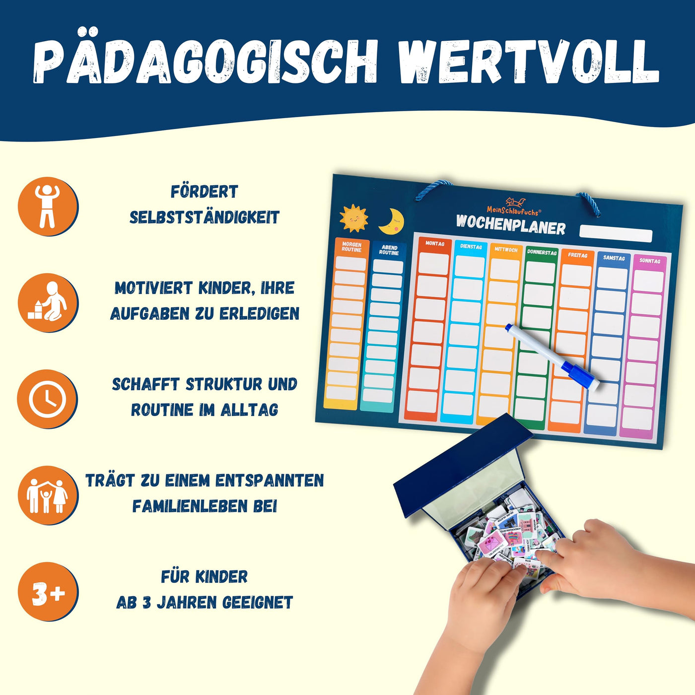MeinSchlaufuchs® Wochenplaner Kinder - Montessori Magnettafel inkl. 250 Magnete, Aufbewahrungsbox, Kordel & Stift - beschreib- & abwischbar - Routine Planer Kinder - Kalender Kinder