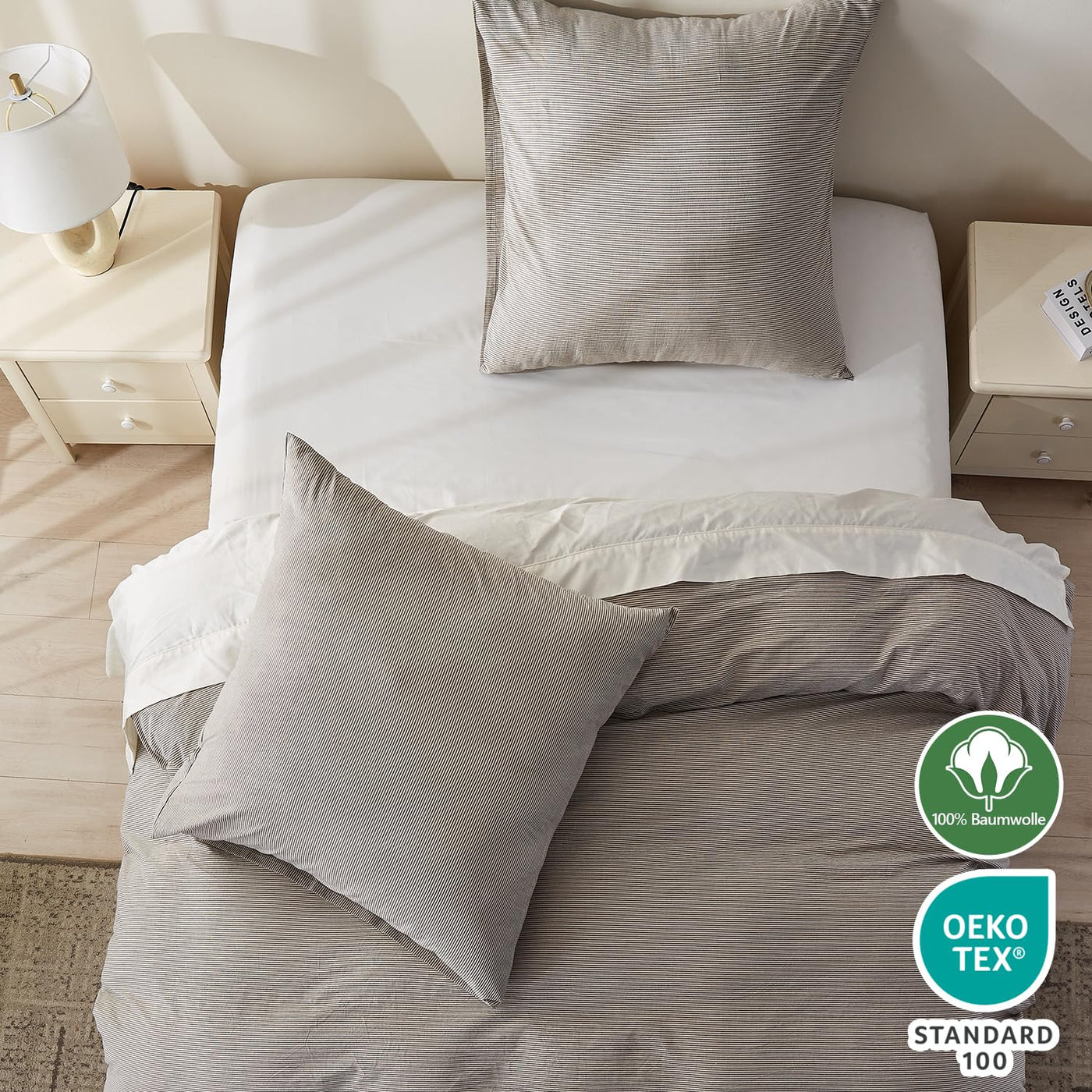 Simple&Opulence Bettwäsche 135x200 Baumwolle Gestreift Muster, 100% Gewaschene Baumwolle Bettbezug Set, Weich, hypoallergen, Enthält 1 Bettbezug 135x200 cm + 1 Kissenbezug 80x80 cm, Dunkelgrau-beige