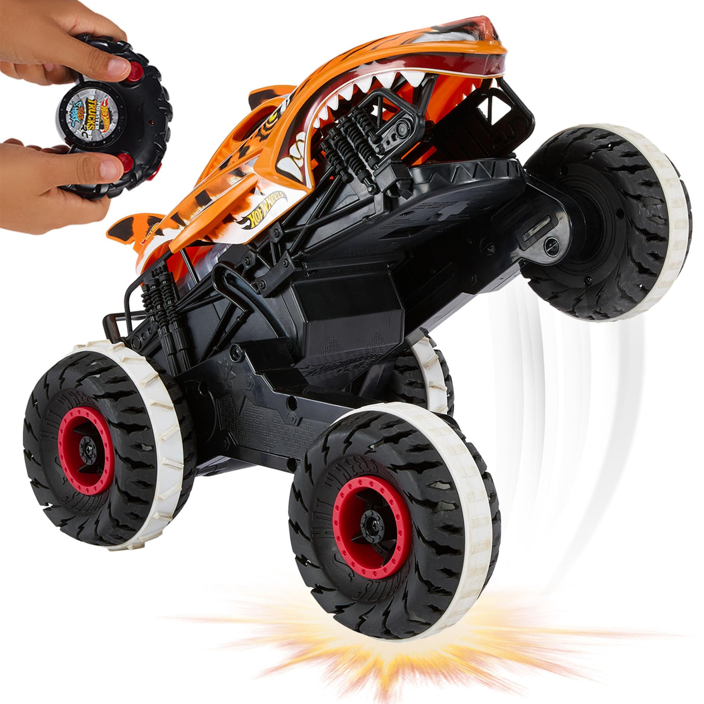 Hot Wheels Monster Trucks Ferngesteuertes Auto Tiger Shark, mit 'Terrain Stomp' Technologie für tierähnliche Bewegungen, Wheelie Modus für Drehen auf 2 Rädern, Spielzeug ab 4 Jahre, HGV87