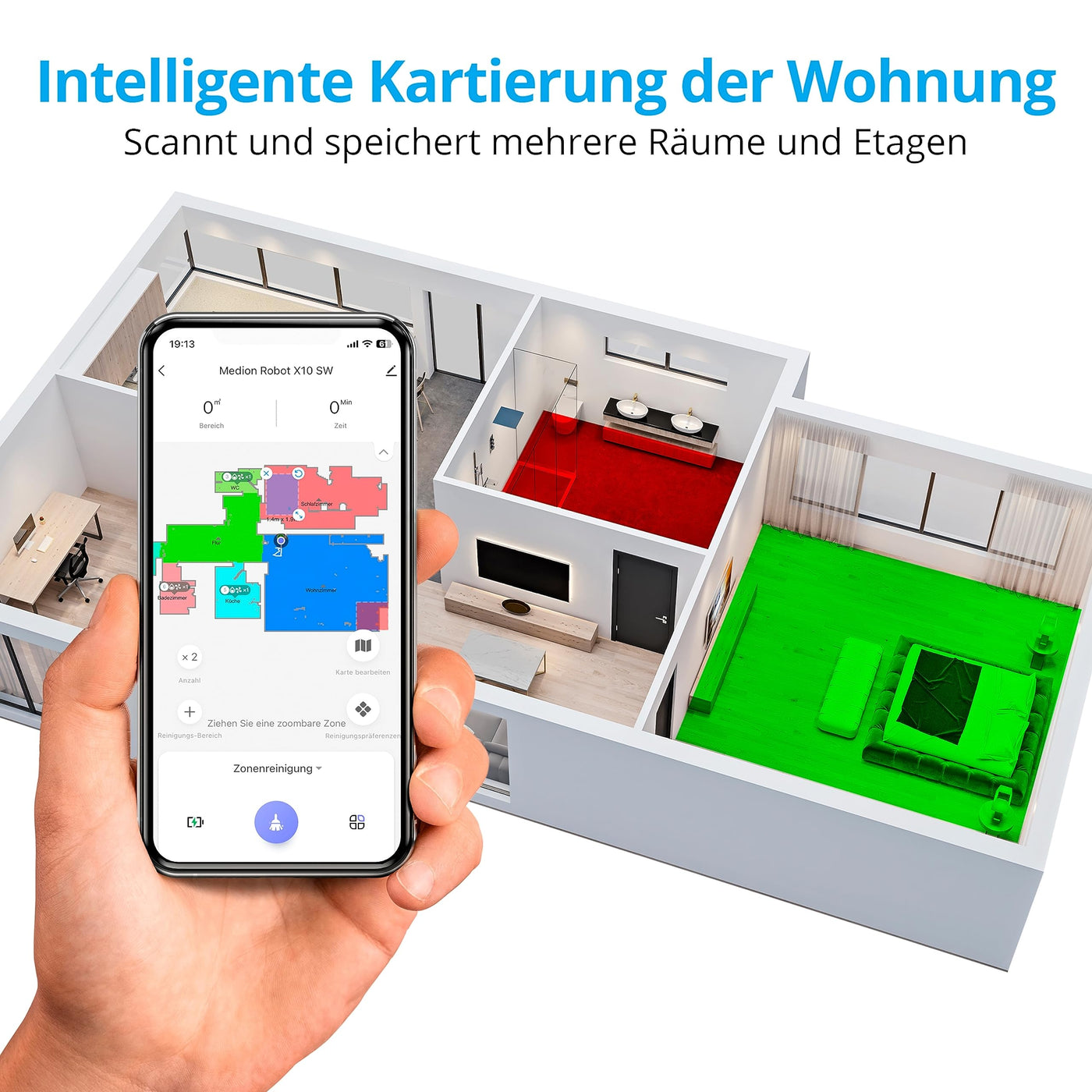 MEDION Saugroboter mit Lasernavigation und Wischfunktion X10 SW (Starke 2.700Pa Saugkraft, 2in1 Roboterstaubsauger, präzise Kartenerstellung, Go & No Go Bereiche, mehrere Etagen)