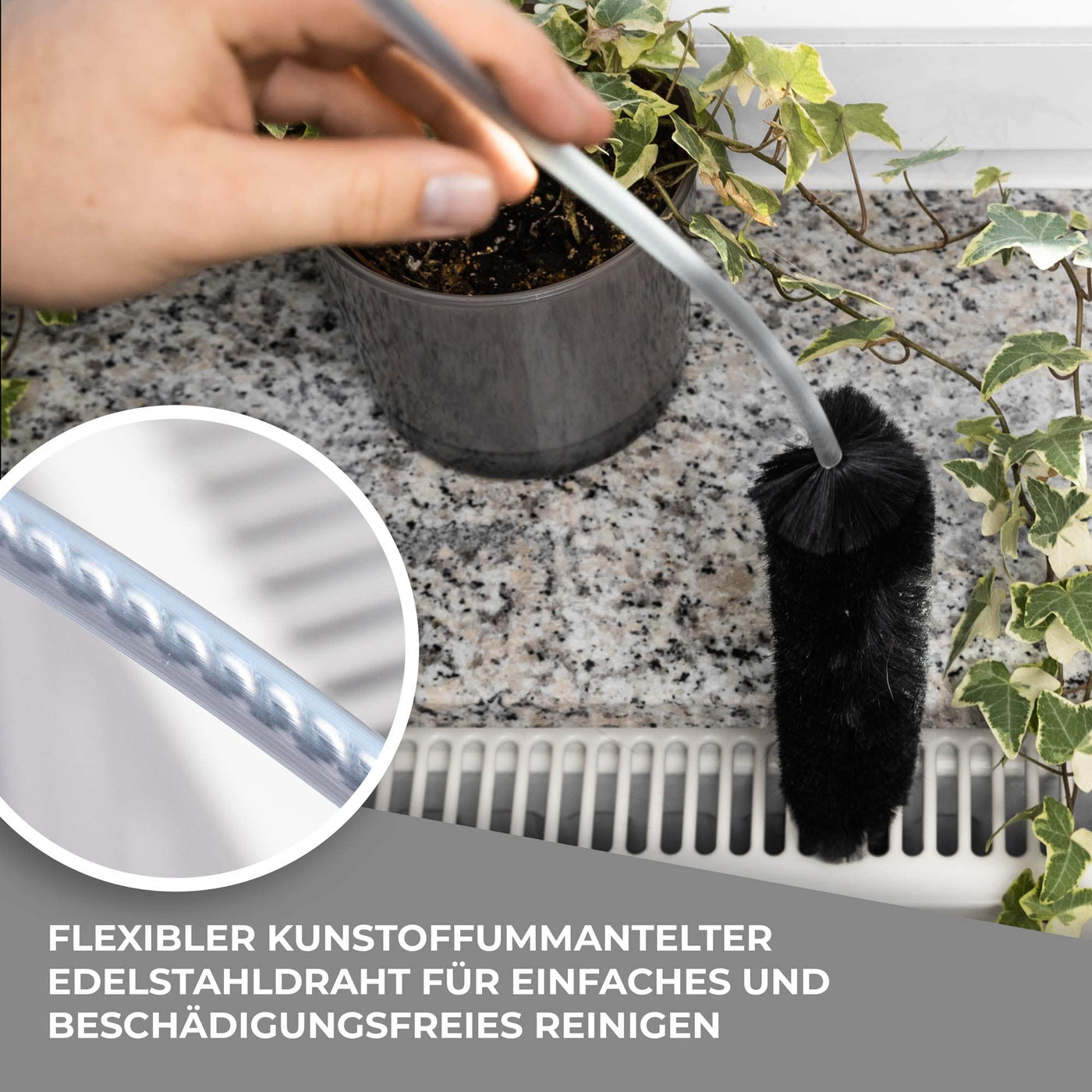 MaxxGoods Heizkörperbürste - 120 cm - Heizungsbürste mit Ziegenhaar Borsten - Ideal für die Reinigung von Flachheizkörpern
