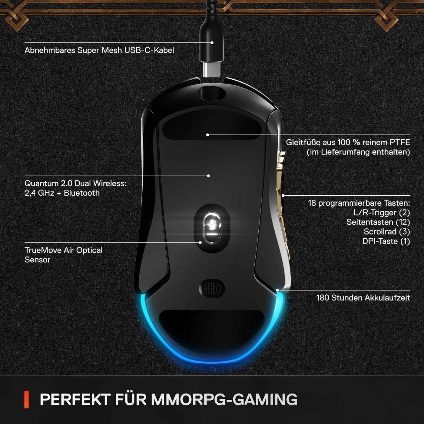 SteelSeries Aerox 9 Wireless - World of Warcraft Edition - kostenloses In-Game-Item - MMO-Gaming-Maus - 18 programmierbare Tasten - leichtes Gewicht -Bluetooth/2,4 GHz -18 Tsd. DPI TrueMove Air Sensor