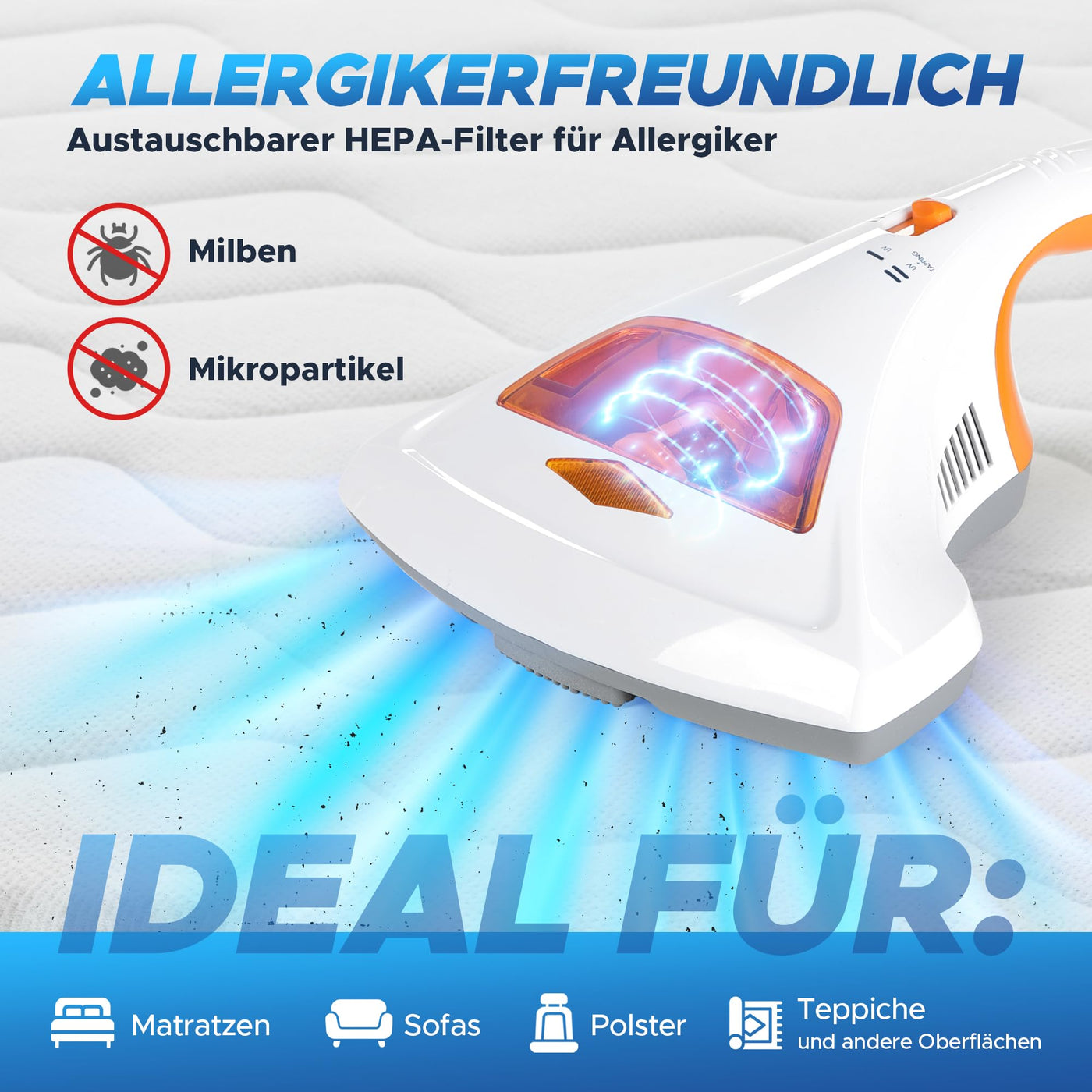 maxVitalis Milben-Handstaubsauger UV-C Licht, Sterilisation u. Reinigung, Matratzensauger, HEPA-Filtration vernichtet bis zu 99,9% Aller Milben, ohne Beutel, Starke Saugleistung, für Allergiker