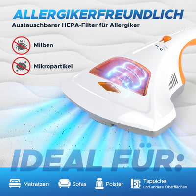 maxVitalis Milben-Handstaubsauger UV-C Licht, Sterilisation u. Reinigung, Matratzensauger, HEPA-Filtration vernichtet bis zu 99,9% Aller Milben, ohne Beutel, Starke Saugleistung, für Allergiker