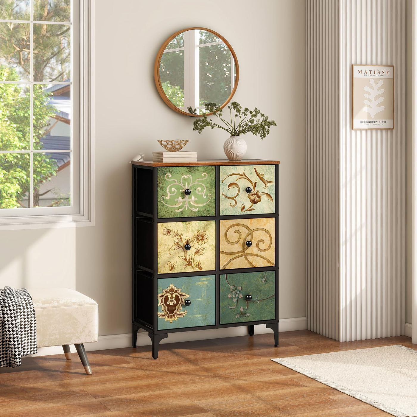 LYNCOHOME Kommode Schrank mit 6 Schubladen aus Stoff, Sideboard mit Stoffschubladen, Schubladenschrank für Küche Büro Flur, TV Schrank mit Stoff Schubladen